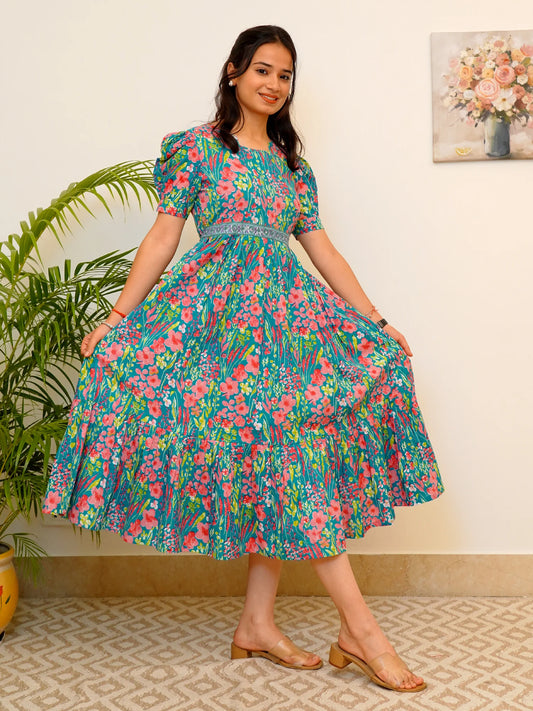 Blue Green Garden Whispers COTTON Tiered Dress