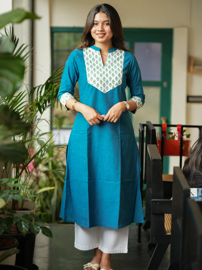 Flowers on Peacock A-line COTTON Kurta