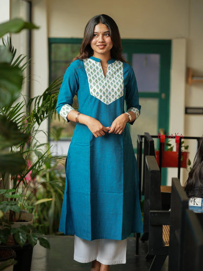 Flowers on Peacock A-line COTTON Kurta