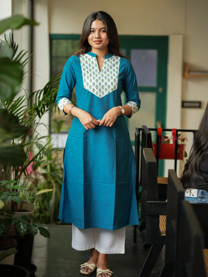 Flowers on Peacock A-line COTTON Kurta