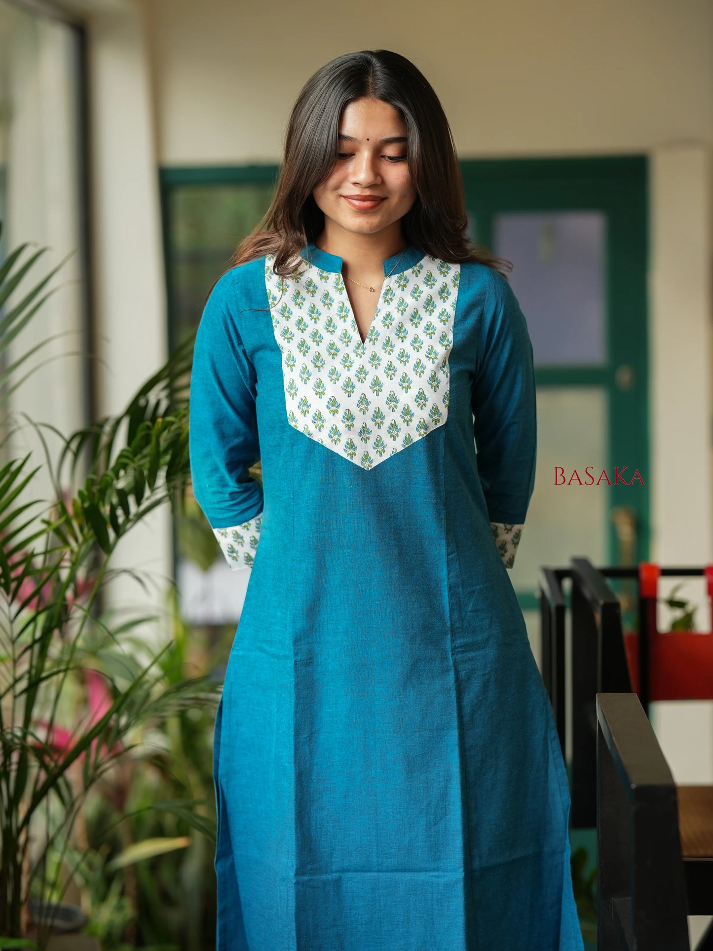 Flowers on Peacock A-line COTTON Kurta