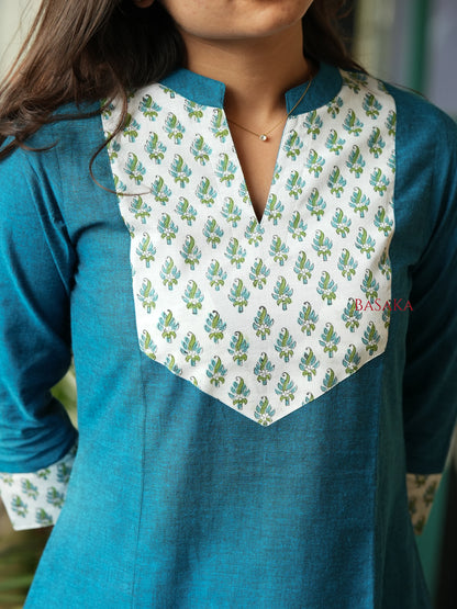 Flowers on Peacock A-line COTTON Kurta