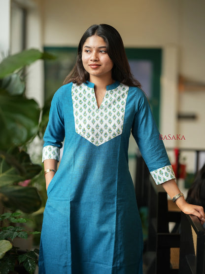 Flowers on Peacock A-line COTTON Kurta