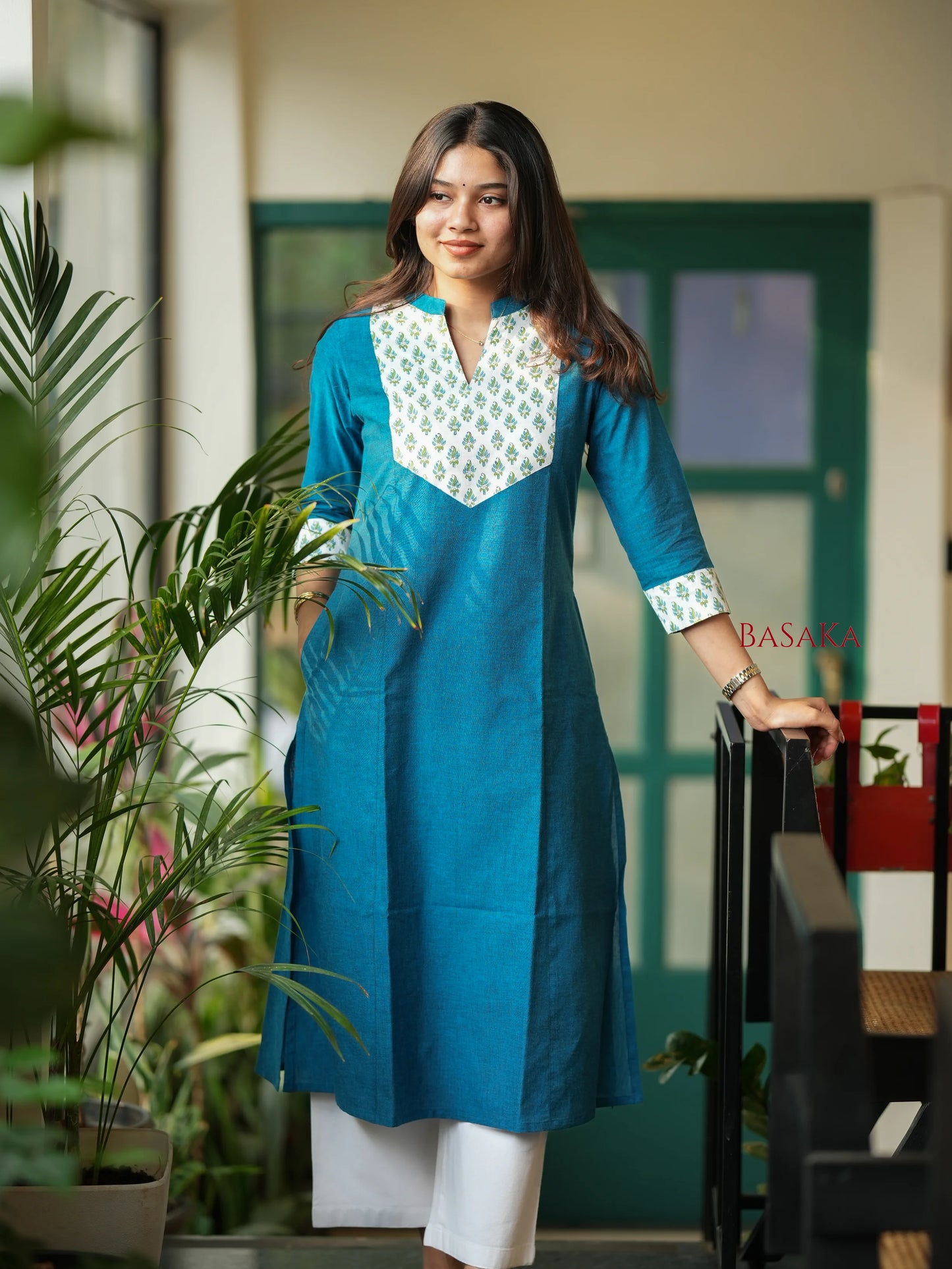 Flowers on Peacock A-line COTTON Kurta