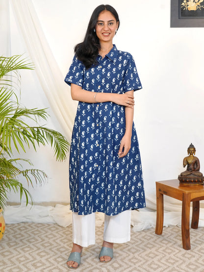 Blue Ambi Aline Shirt Collar Kurta