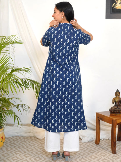 Blue Ambi Aline Shirt Collar Kurta