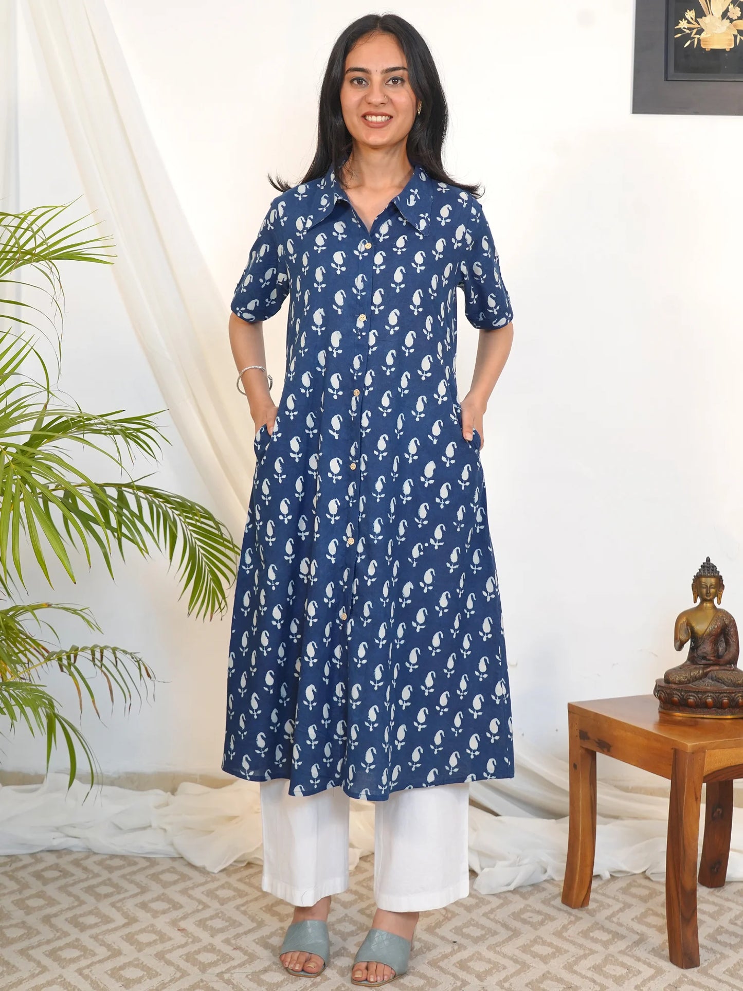 Blue Ambi Aline Shirt Collar Kurta
