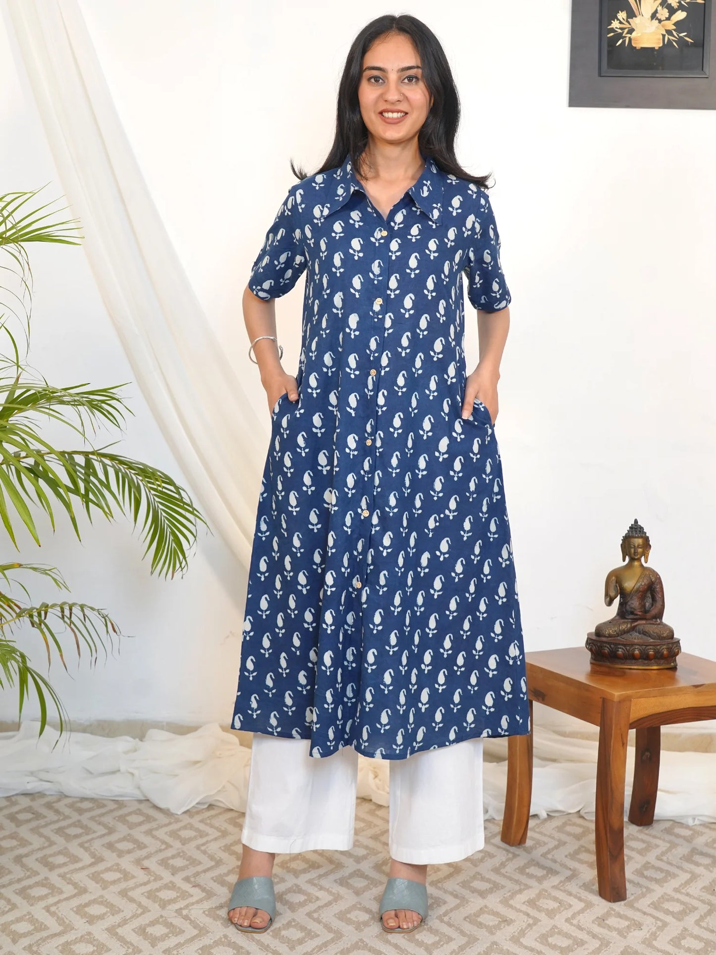 Blue Ambi Aline Shirt Collar Kurta