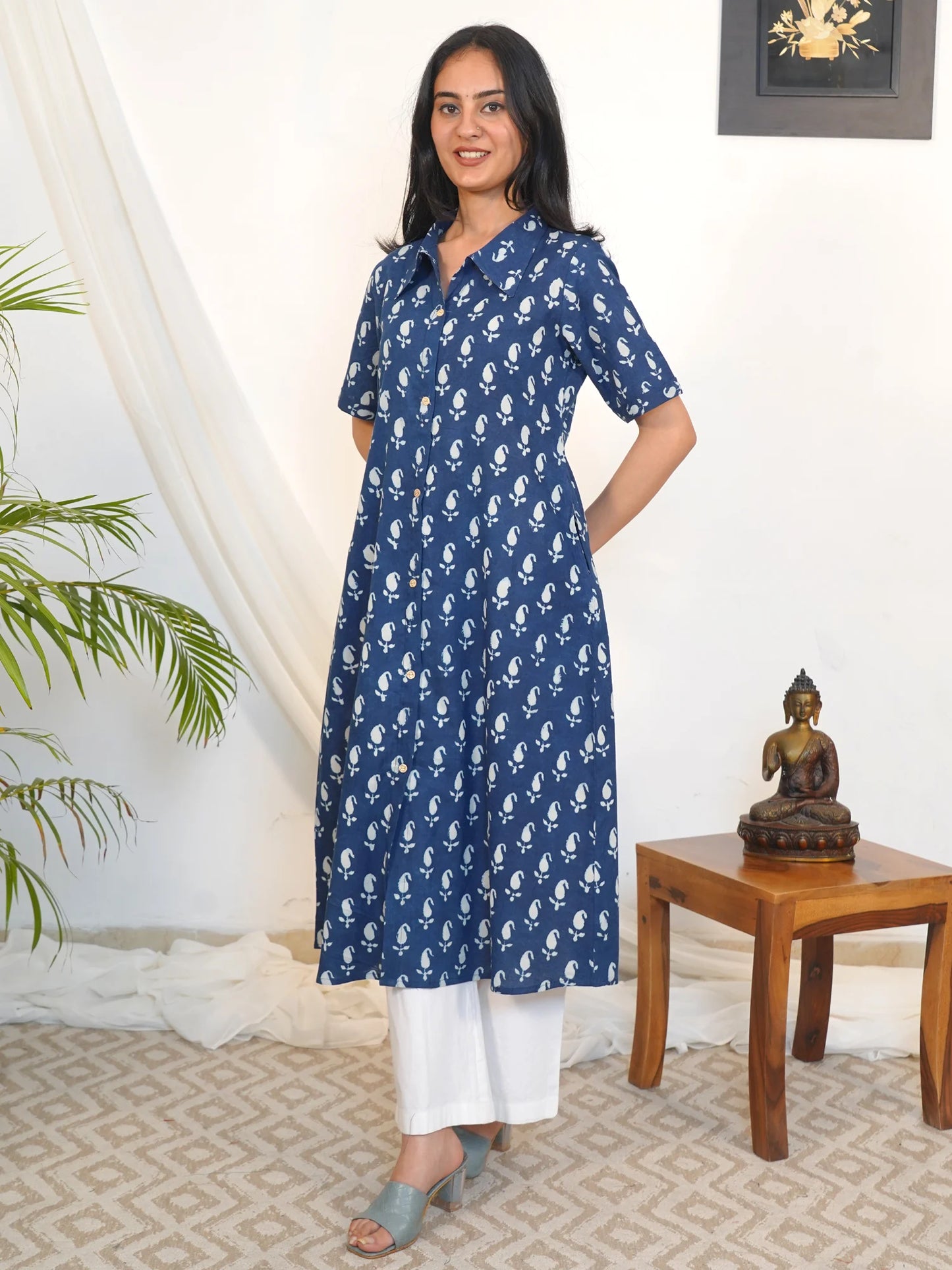 Blue Ambi Aline Shirt Collar Kurta