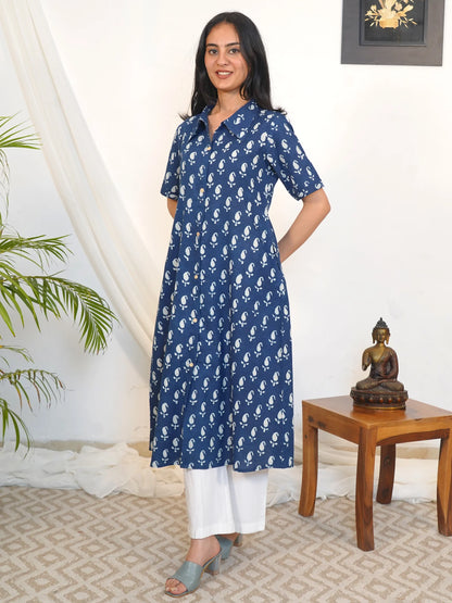 Blue Ambi Aline Shirt Collar Kurta