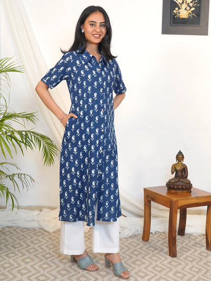Blue Ambi Aline Shirt Collar Kurta