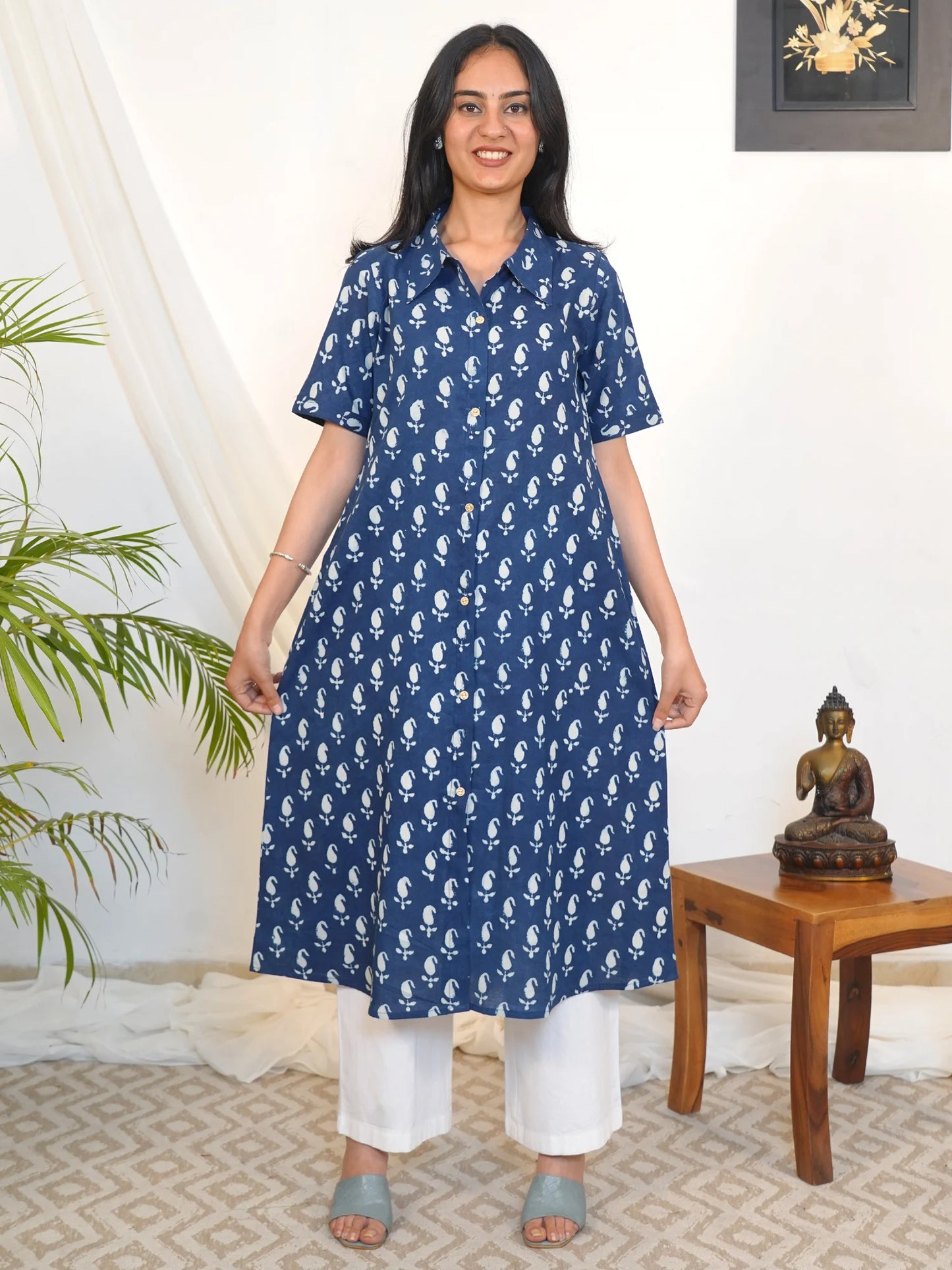 Blue Ambi Aline Shirt Collar Kurta