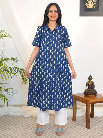 Blue Ambi Aline Shirt Collar Kurta