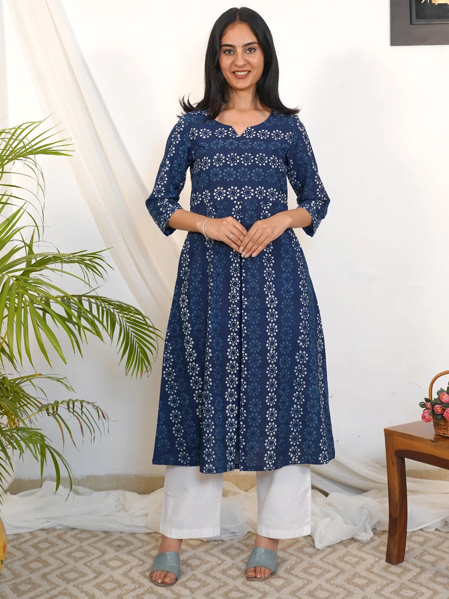 Blue Bloom Box-Pleated A-Line Cotton Kurta