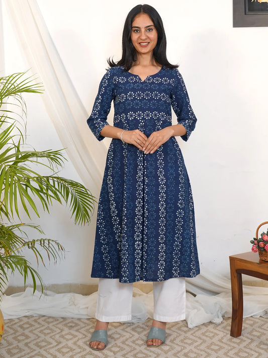 Blue Bloom Box-Pleated A-Line Cotton Kurta