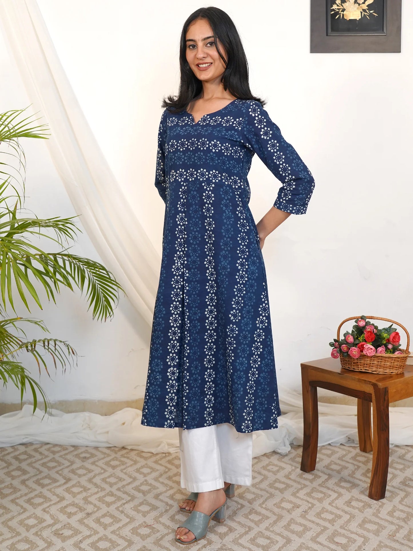 Blue Bloom Box-Pleated A-Line Cotton Kurta