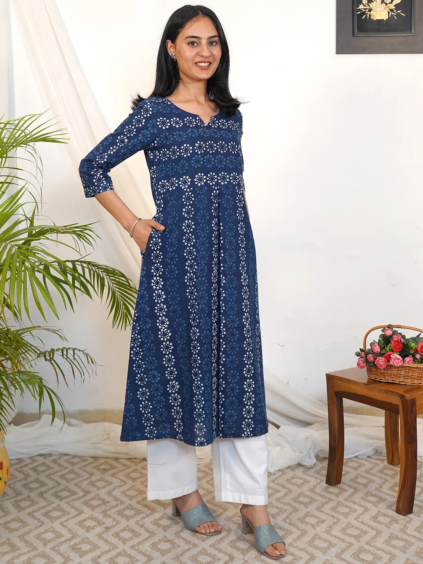 Blue Bloom Box-Pleated A-Line Cotton Kurta