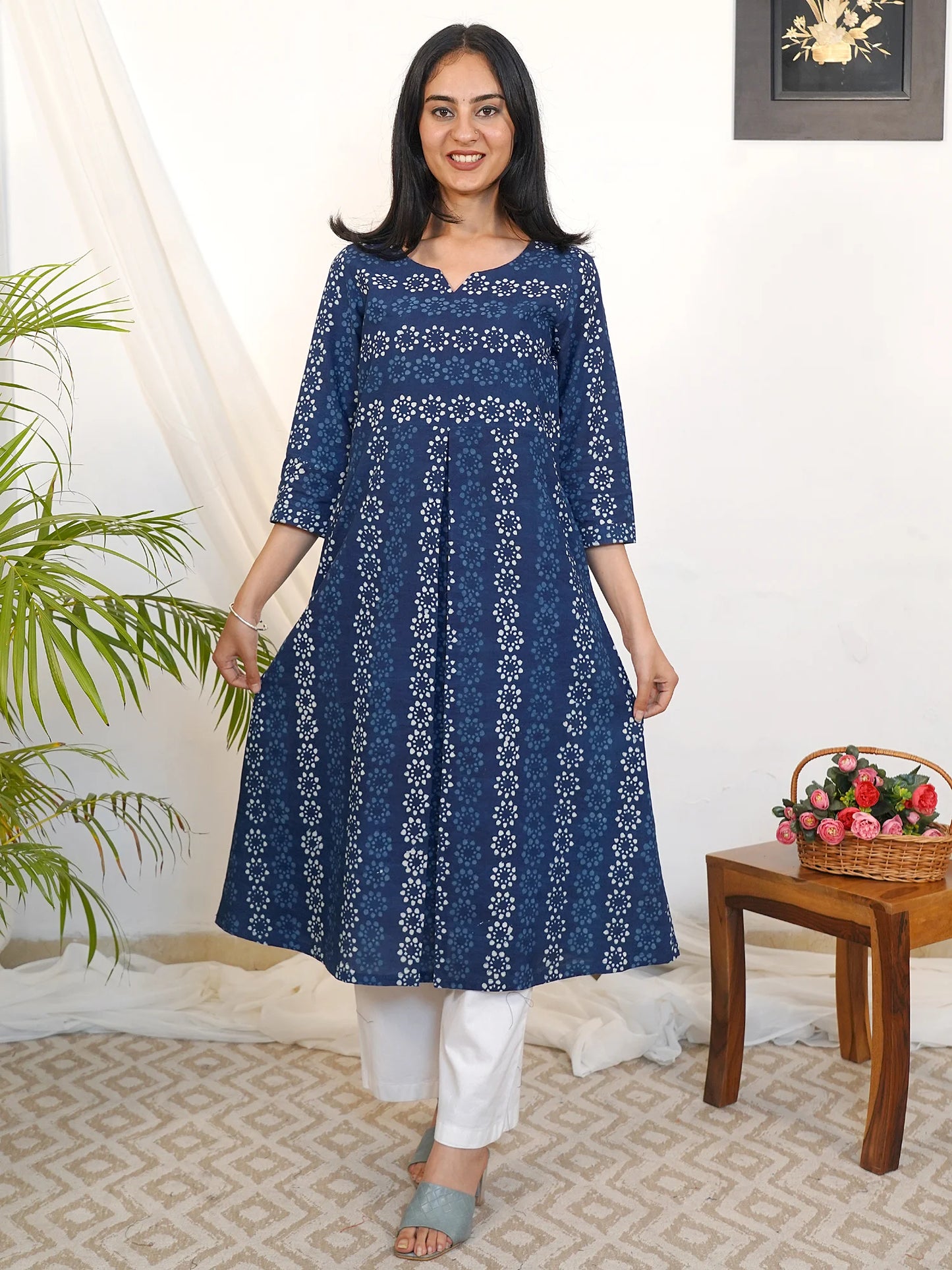 Blue Bloom Box-Pleated A-Line Cotton Kurta