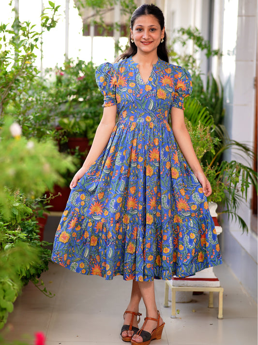 Blue Blossom Block Printed COTTON Tiered Dress