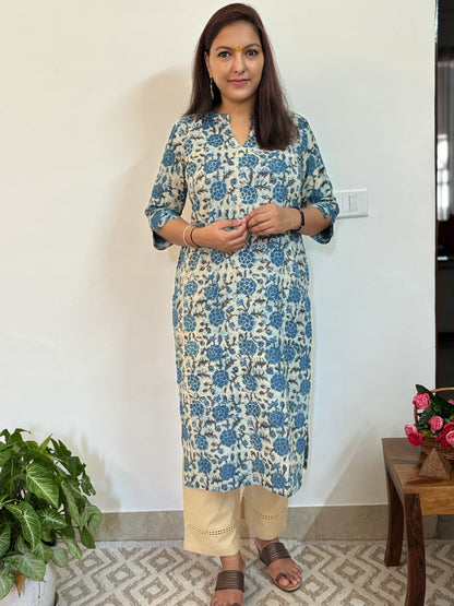 Bule Rose Hand Block Printed Collar Kurta