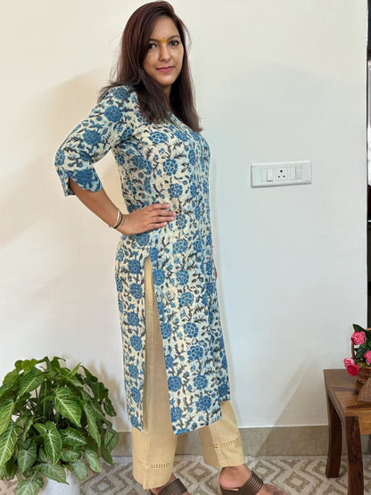 Bule Rose Hand Block Printed Collar Kurta