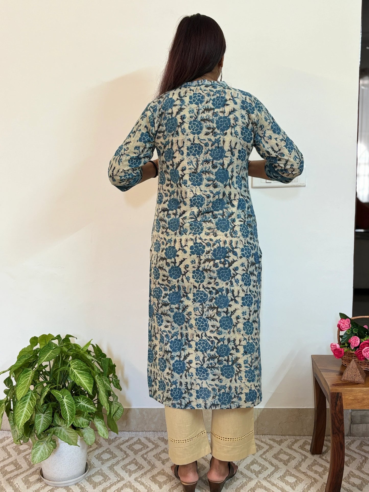 Bule Rose Hand Block Printed Collar Kurta