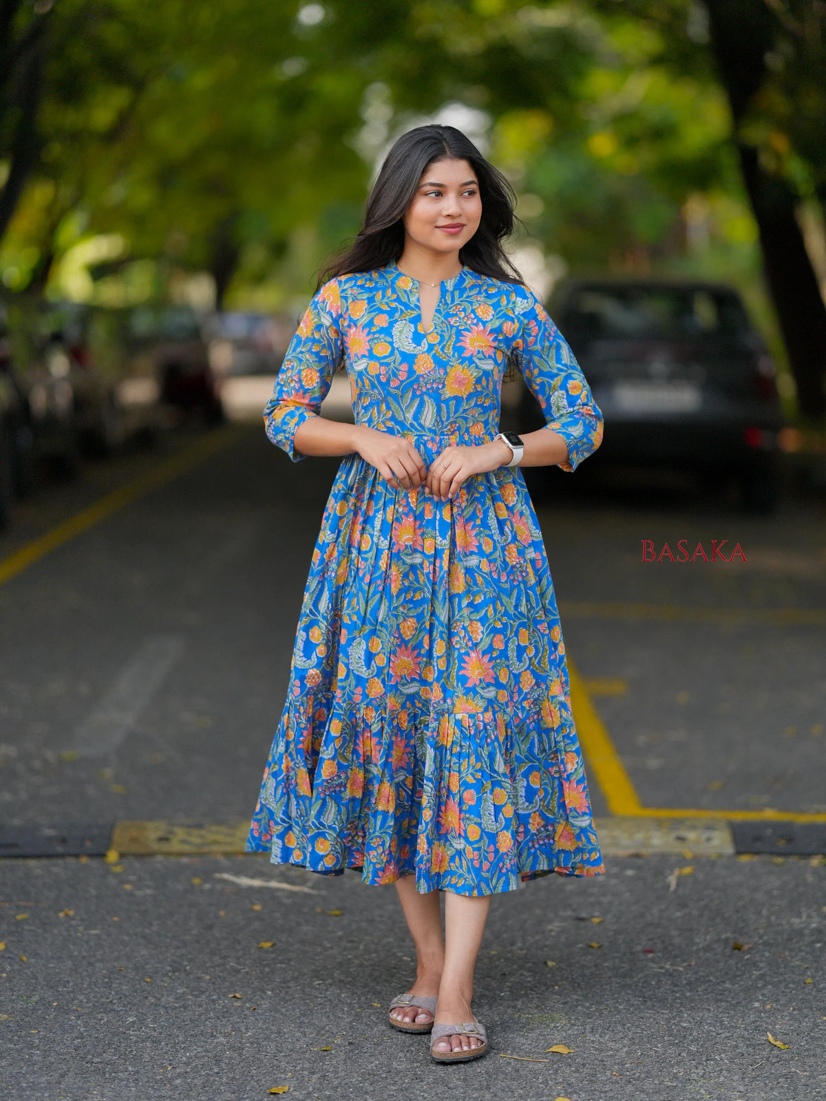 Blue Garden Block Printed COTTON Tiered Dress