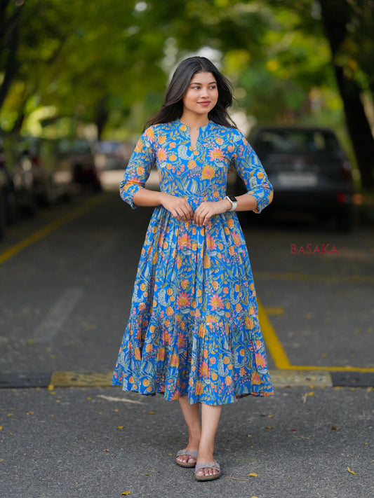 Blue Garden Block Printed COTTON Tiered Dress