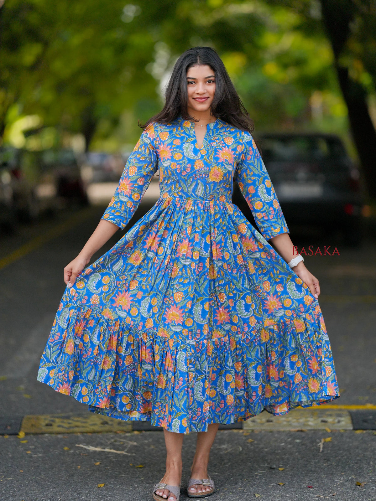 Blue Garden Block Printed COTTON Tiered Dress