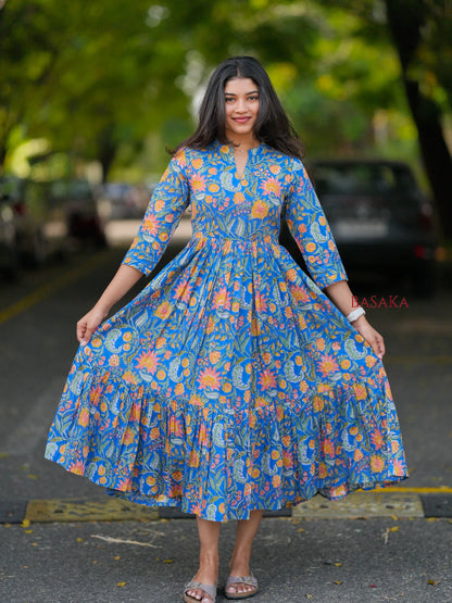 Blue Garden Block Printed COTTON Tiered Dress