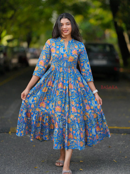 Blue Garden Block Printed COTTON Tiered Dress