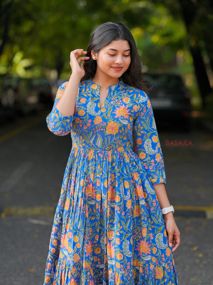 Blue Garden Block Printed COTTON Tiered Dress