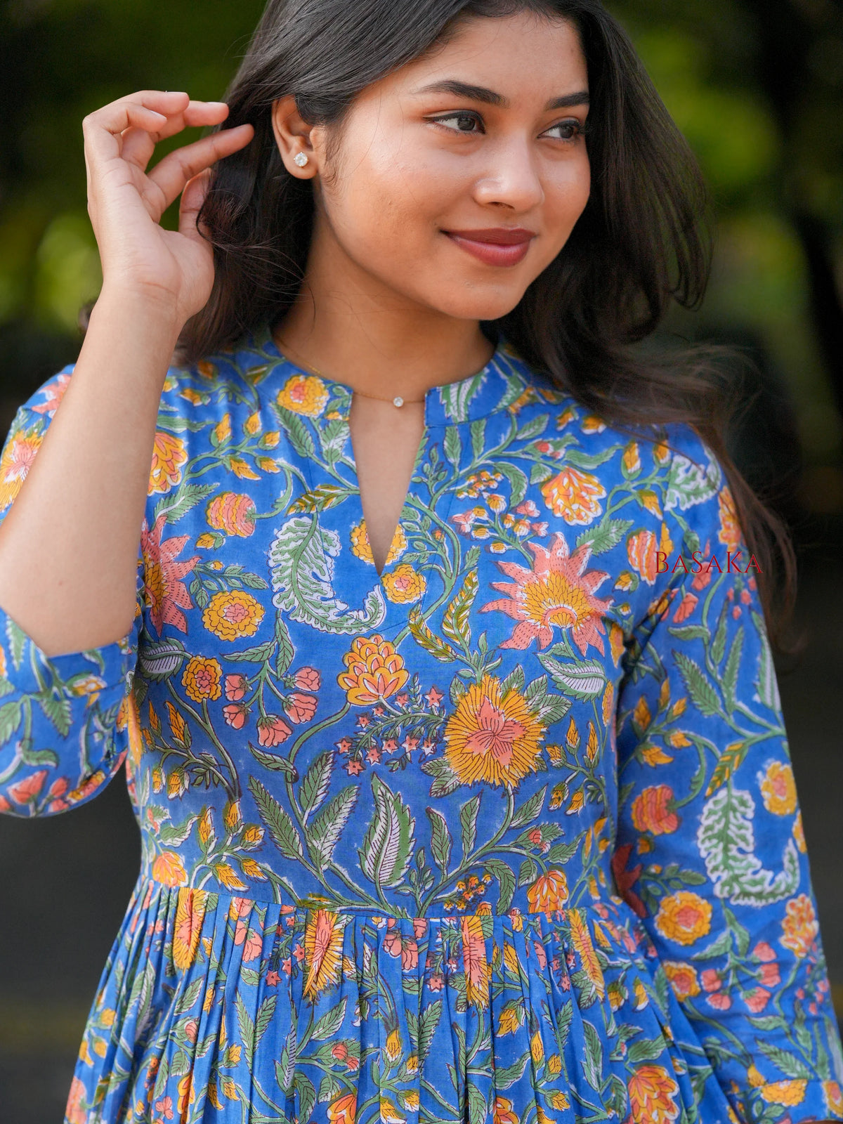 Blue Garden Block Printed COTTON Tiered Dress