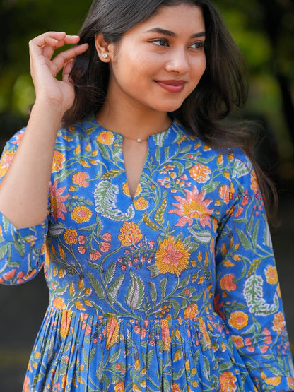 Blue Garden Block Printed COTTON Tiered Dress