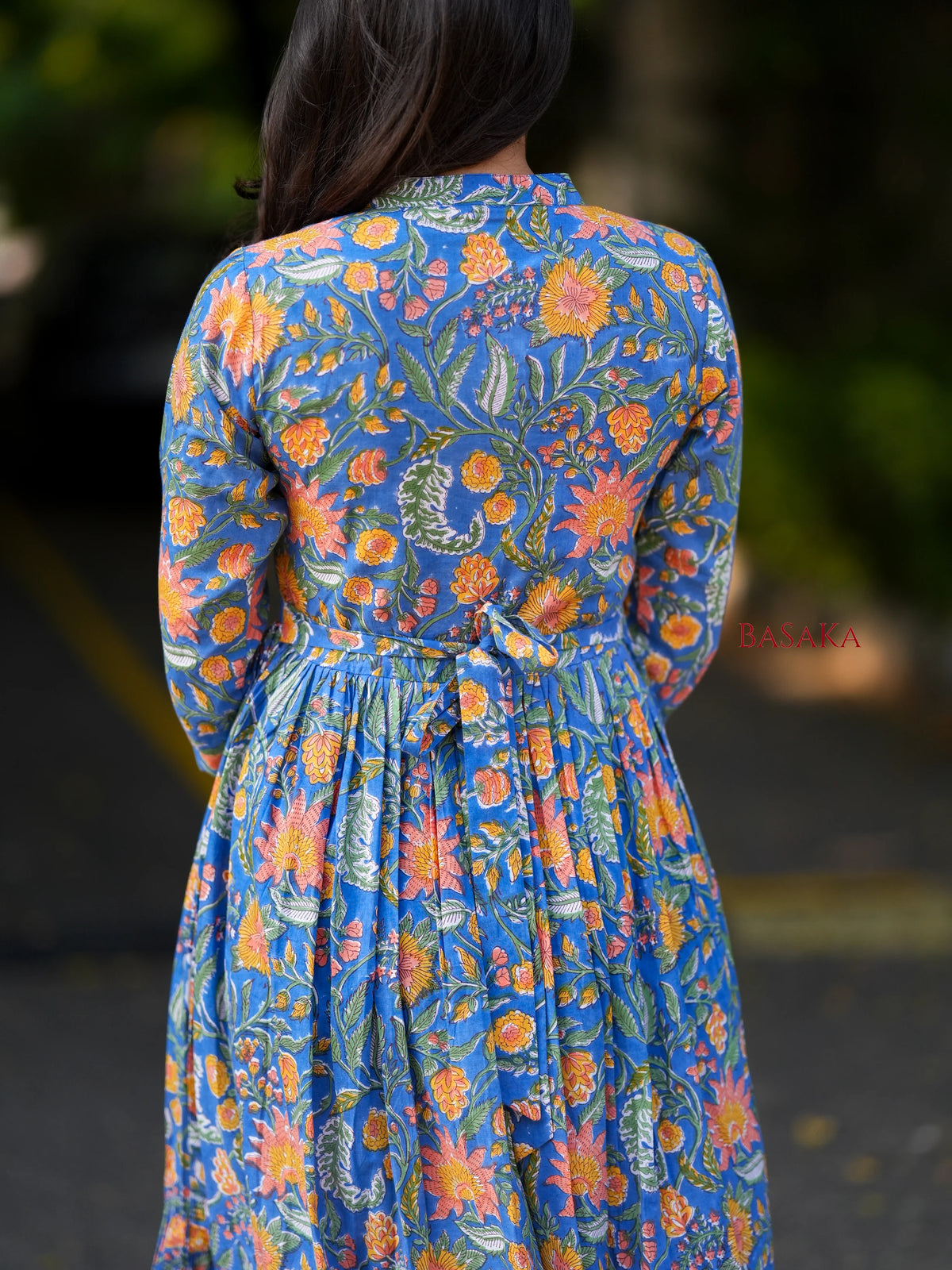 Blue Garden Block Printed COTTON Tiered Dress
