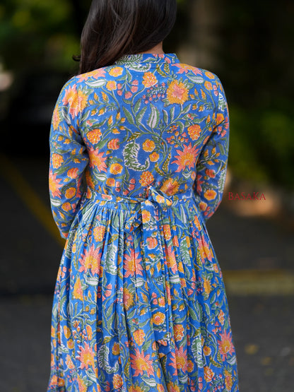 Blue Garden Block Printed COTTON Tiered Dress