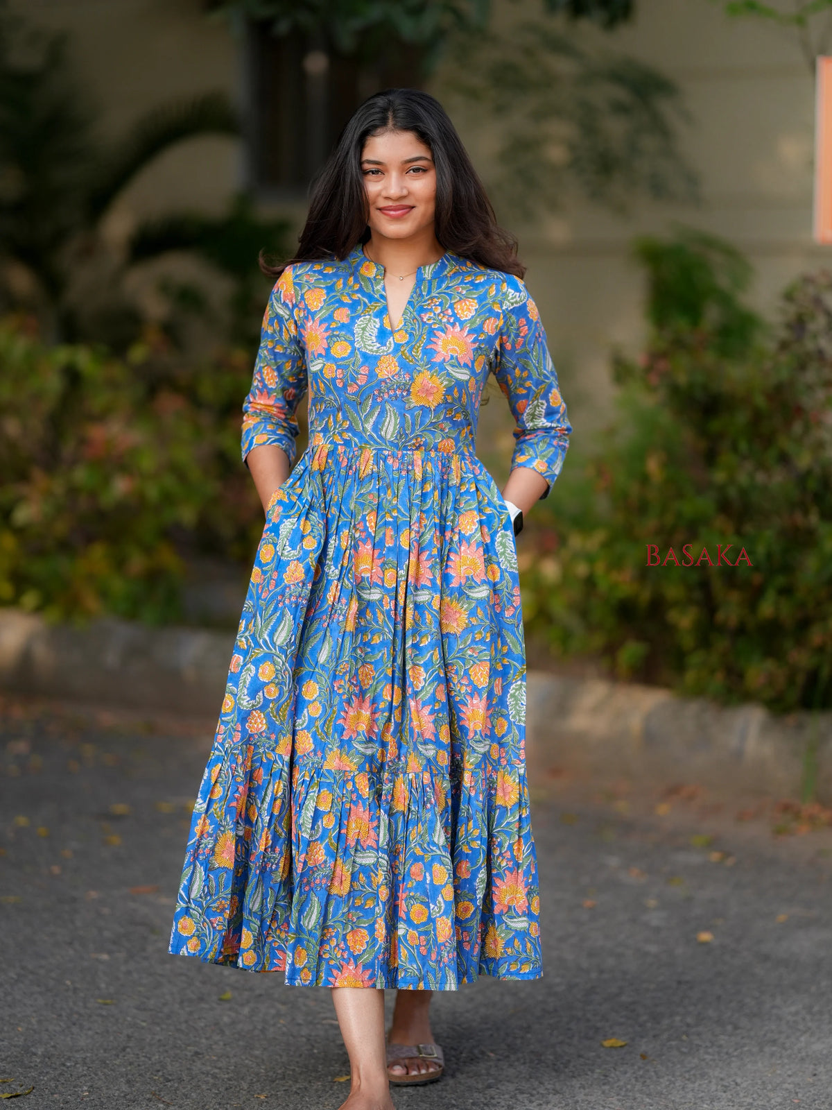 Blue Garden Block Printed COTTON Tiered Dress