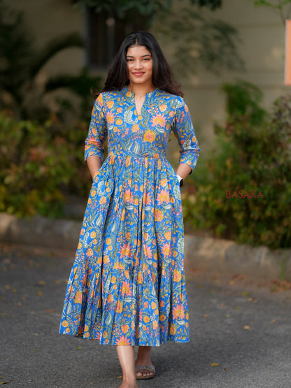 Blue Garden Block Printed COTTON Tiered Dress