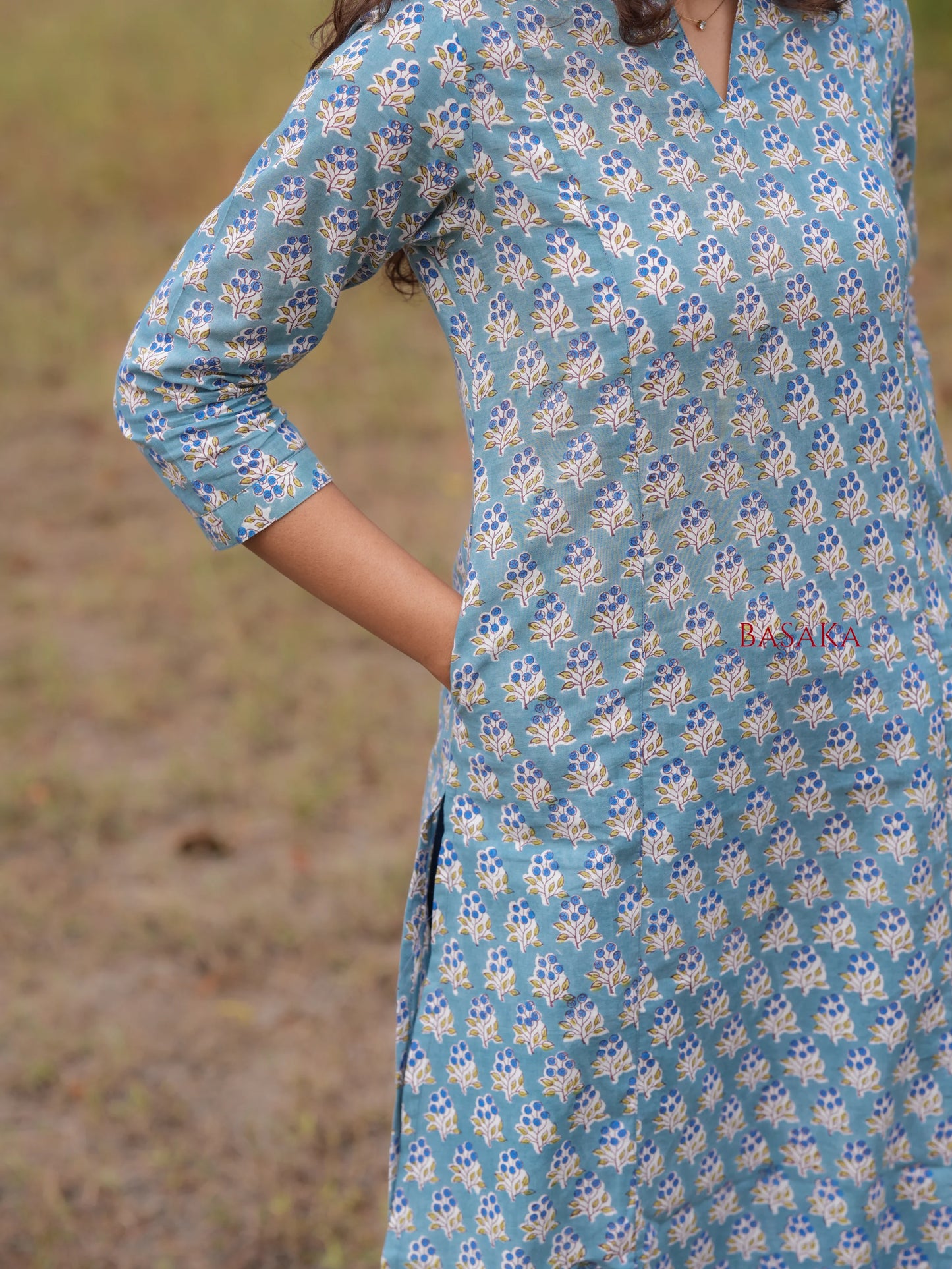 Blue Grapes Motif Block Printed A-Line COTTON Kurta