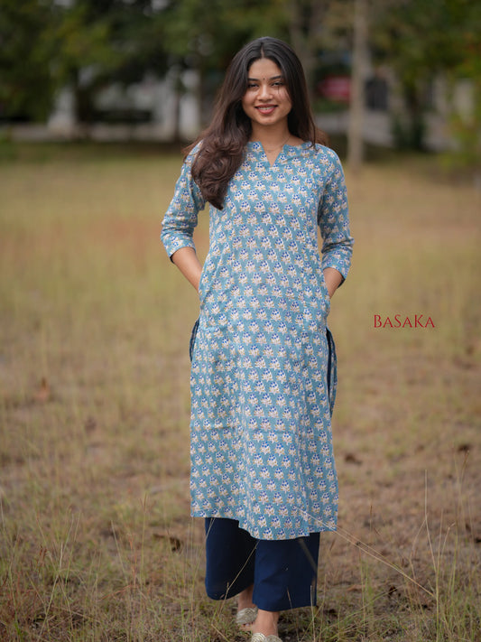 Blue Grapes Motif Block Printed A-Line COTTON Kurta