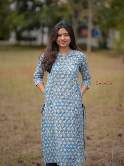 Blue Grapes Motif Block Printed A-Line COTTON Kurta