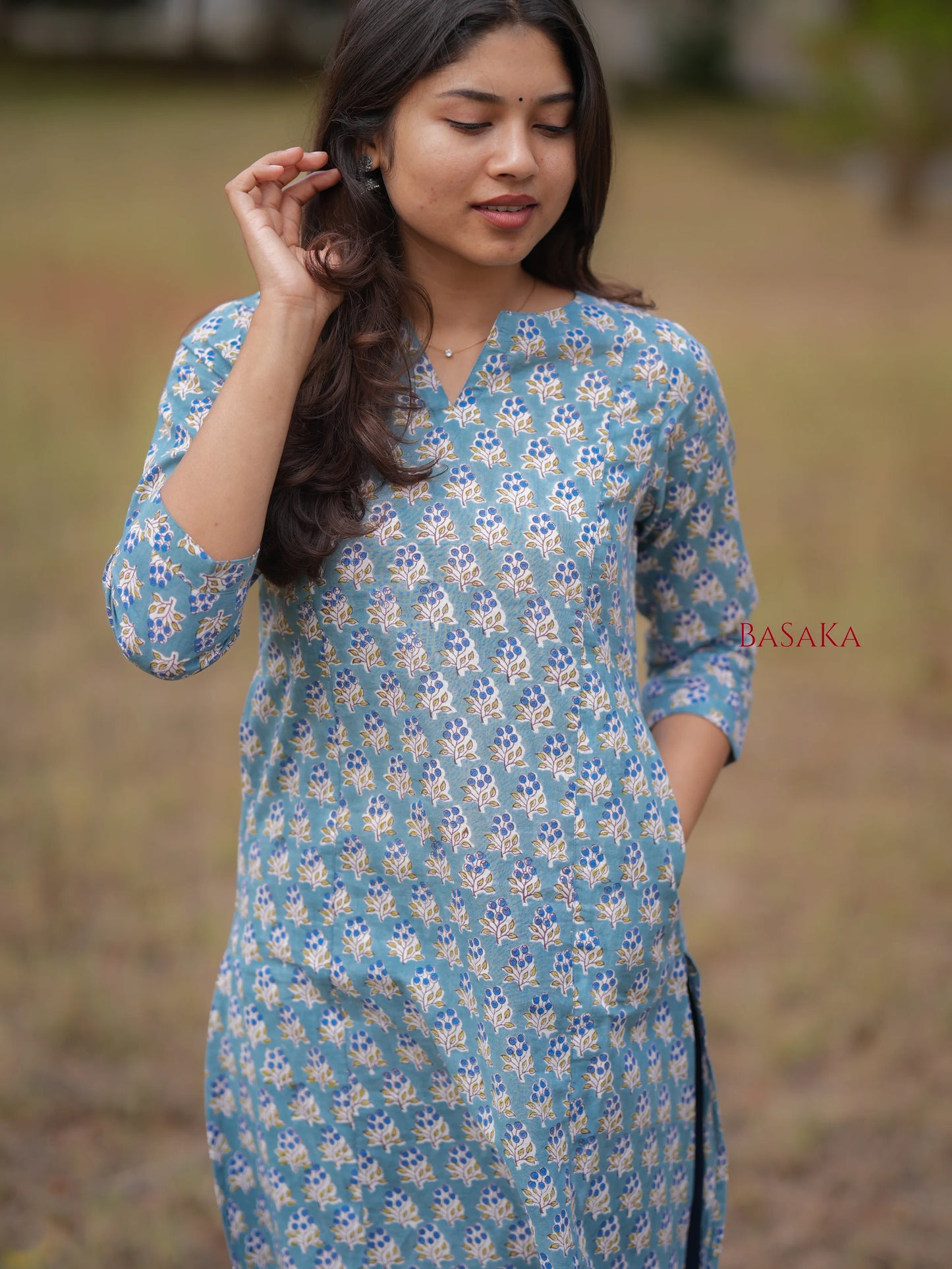 Blue Grapes Motif Block Printed A-Line COTTON Kurta