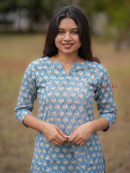 Blue Grapes Motif Block Printed A-Line COTTON Kurta