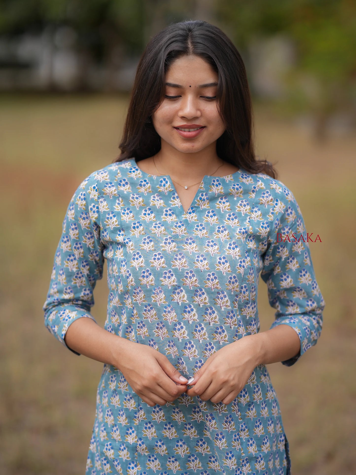 Blue Grapes Motif Block Printed A-Line COTTON Kurta