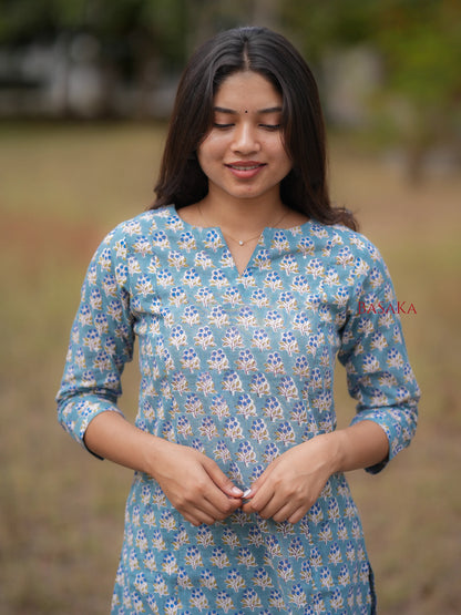 Blue Grapes Motif Block Printed A-Line COTTON Kurta