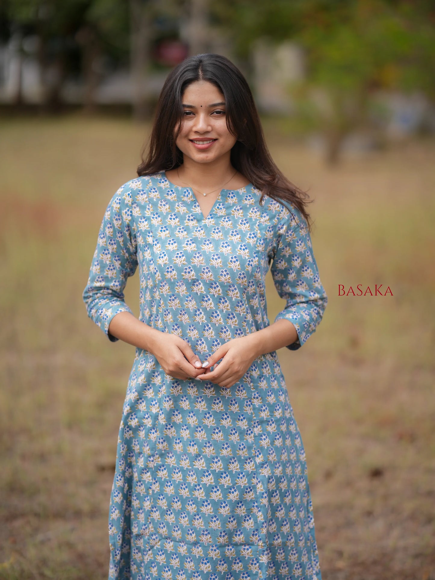 Blue Grapes Motif Block Printed A-Line COTTON Kurta