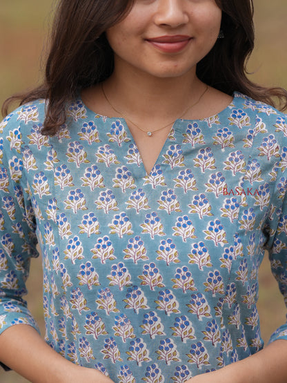 Blue Grapes Motif Block Printed A-Line COTTON Kurta
