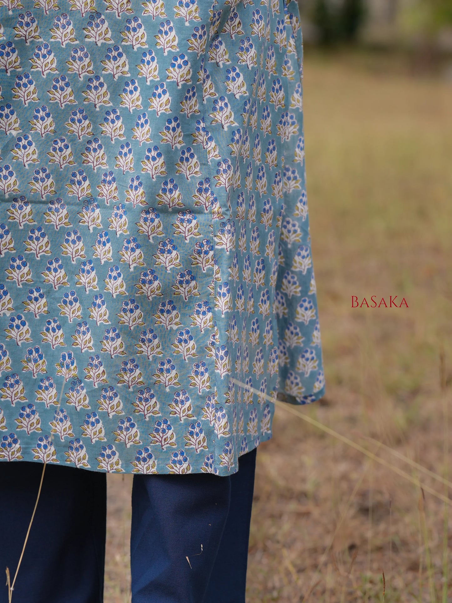 Blue Grapes Motif Block Printed A-Line COTTON Kurta