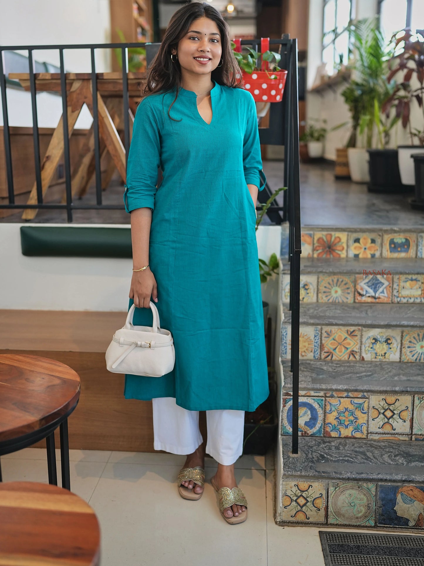 Rama Green A-Line Handloom Cotton Kurta