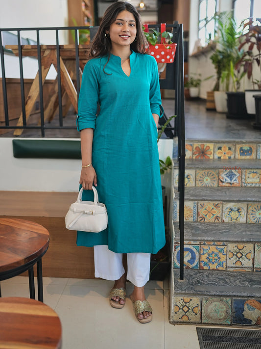 Rama Green A-Line Handloom Cotton Kurta